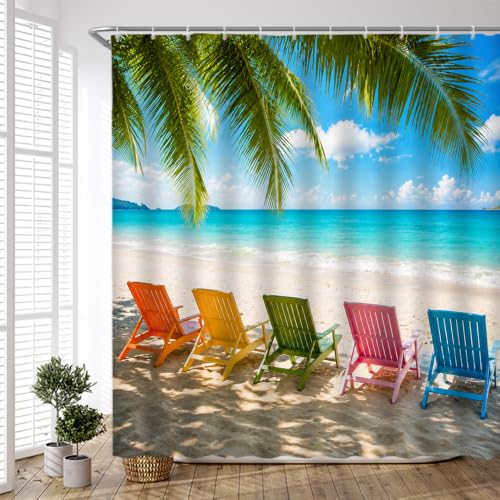 Colorful Beach Shower Curtain 70" x 70" - Tropical Palm & Ocean Scene