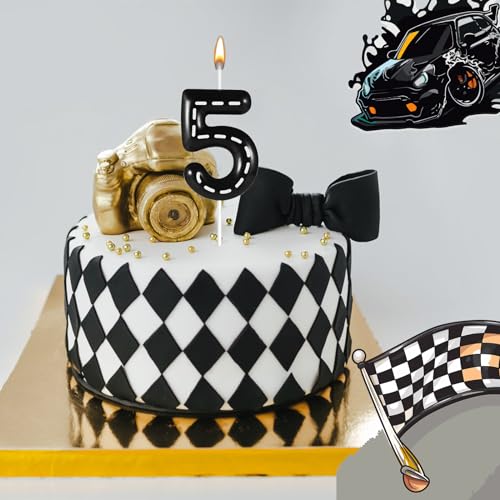 Racing Car Birthday Number 5 Candle Black and White Stripes Cake Topper
