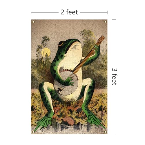 Banjo Playing Frog Wall Tapestry 24x36 Inch Vintage Boho Vertical Flag