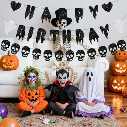 Black Halloween Happy Birthday Banner with Skull Garland Decorations