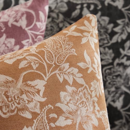 Floral Jacquard Throw Pillow Covers, 18x18 Caramel Cotton Set of 2