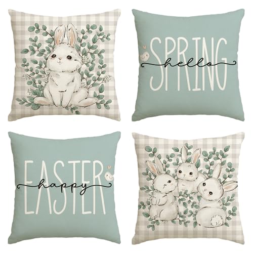 Happy Easter Buffalo Plaid Rabbit Throw Pillow Cover - 18x18