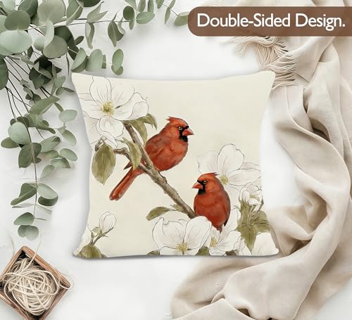 Vintage Cardinal Bird Floral Throw Pillow Cover 18x18 - Bird-2