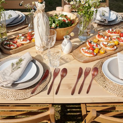 6 Pcs Wooden Utensils for Eating, Wooden Spoon Fork Cutlery Set Kitchen Wood Dinner Flatware Tableware Reusable Wood Spoon, Wooden Forks,Wooden Scraper for Travel and Camping