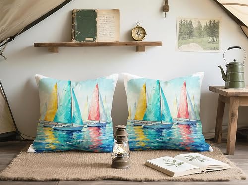 Pastel Sailboat Throw Pillow Covers - 20x20 Inch Set of 2