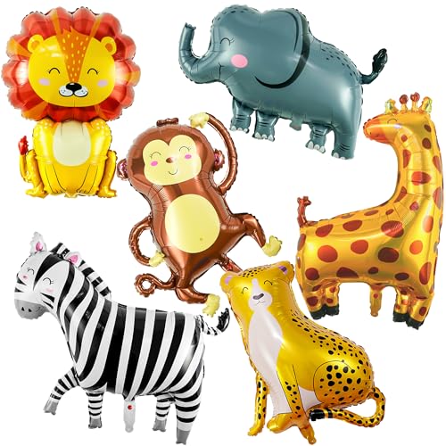 Safari Animal Balloons Set - Lion, Zebra, Giraffe, Monkey, Elephant & Leopard for Jungle Party Decorations