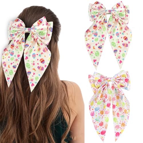 ANBALA 2Pcs Easter Hair Bow Clips, 10 Inch Big Satin Ribbon Barrettes with Tail for Women and Girls