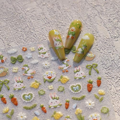 5D Embossed Easter Nail Stickers Green Flower Rabbit Self-Adhesive Decals