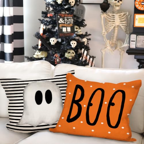 GEEORY Halloween Pillow Covers Set of 4 - 18x18 Inch Ghost & Cat Designs