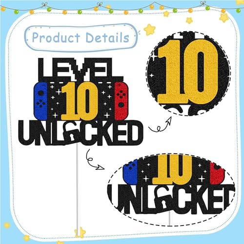 Level 10 Unlocked Cake Topper Black Glitter Video Gamer Birthday Party