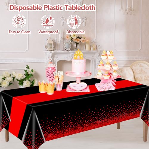 4-Pack Black and Red Disposable Tablecloths - 54 x 108 Inch Party Decor
