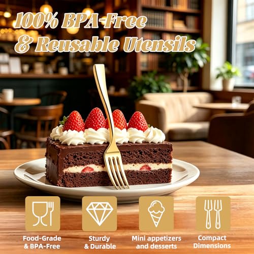 MiraFure 4-Inch Gold Mini Plastic Forks - 100 Pack Heavy Duty Appetizer Forks