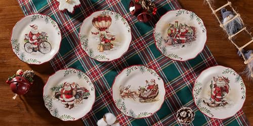 Santa On The Way Scalloped Christmas Appetizer Plates Set of 6 - Holiday Party Decor