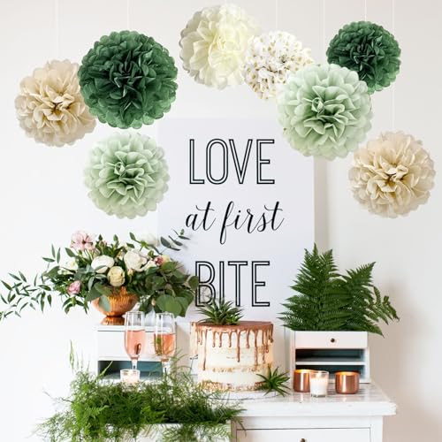Sage Green Tissue Paper Pom Poms - 12-Piece Party Decoration Set