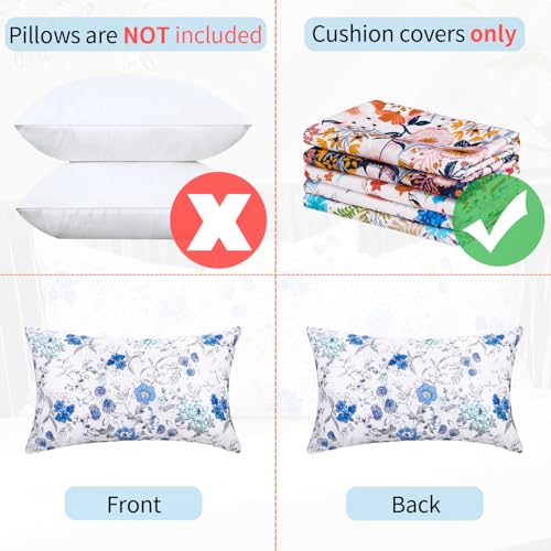 Outdoor Waterproof Lumbar Pillow Covers 12x20 Set of 2 Blue Floral Cushion Shams