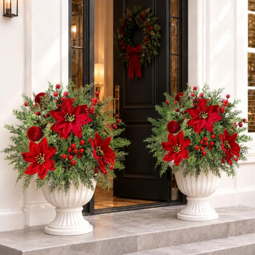 Artificial Poinsettia Flowers with Velvet Balls for Christmas Decor - 2 Pack, Cedar & Velvet Ball Variation