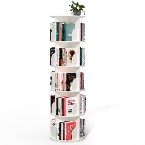 Nidouillet Rotating Bookshelf Tower, 5 Tier Spinning Bookcase Lazy Susan, Revolving 360 Book Shelf Storage Round Organizer, Vertical Rotate Turning Corner Book Case for Small Space, White