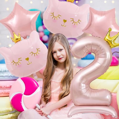 Pink Cat Balloon Set for 2nd Birthday Party - Crown Cat Foil Balloon Kit