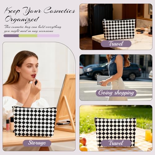 HBOPAN Black Rhombus Travel Makeup Bag Soft Linen Cosmetic Pouch