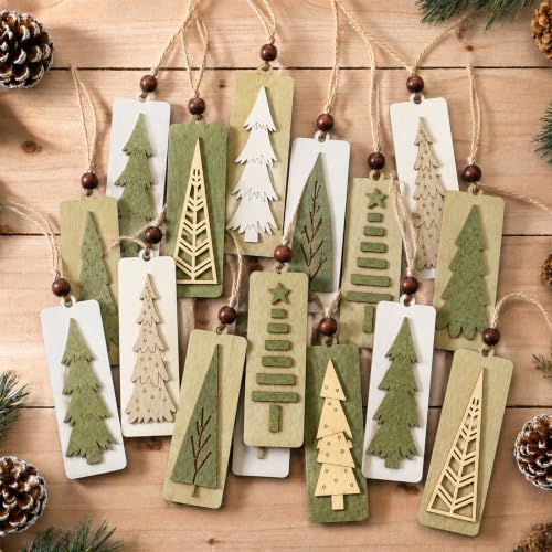 Neutral Rustic Wooden Christmas Tree Ornaments Set - Green Variation, 16 Pcs