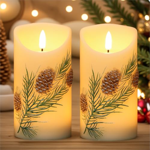 Flameless Candles with Pine Cones & Trees, 6H Timer, Safe Battery Operated Decor