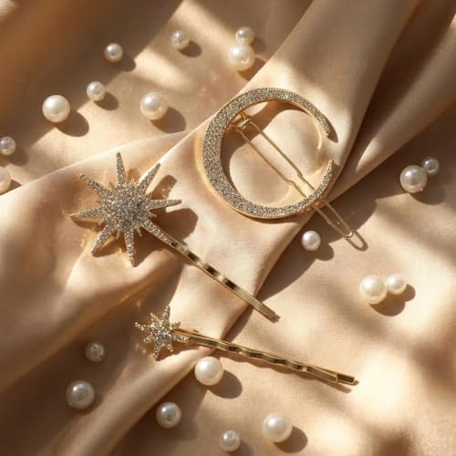 Wouputy 3 Pack Gold Crystal Moon and Star Hair Pins Celestial Accessories