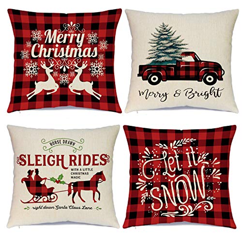 Hlonon Christmas Pillow Covers Set of 4 - 18x18 Inch Cotton Linen