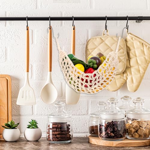 HaiFafafaing Khaki Hanging Fruit Hammock with Hooks – Under Cabinet Macrame Basket for Kitchen Storage