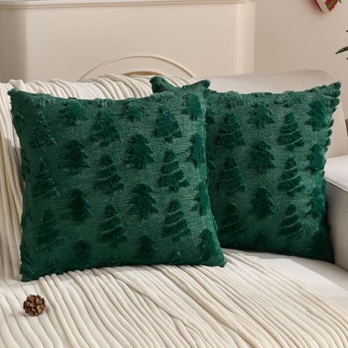 Christmas Tree Faux Fur Pillow Covers Set of 2 18x18 Dark Green Winter Decor