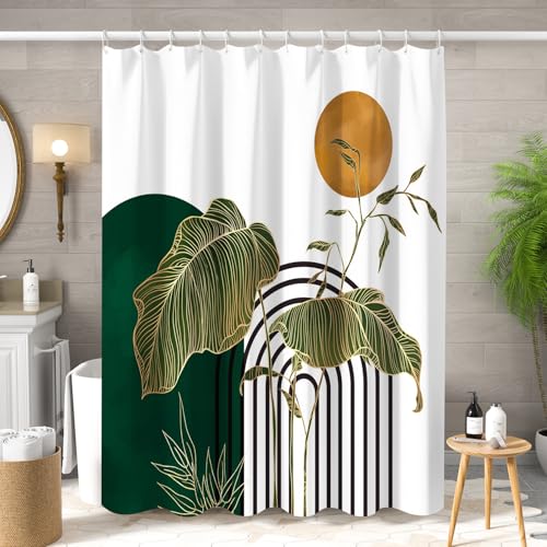 Mid Century Dark Green Shower Curtain with Tropical Leaves - 72x72