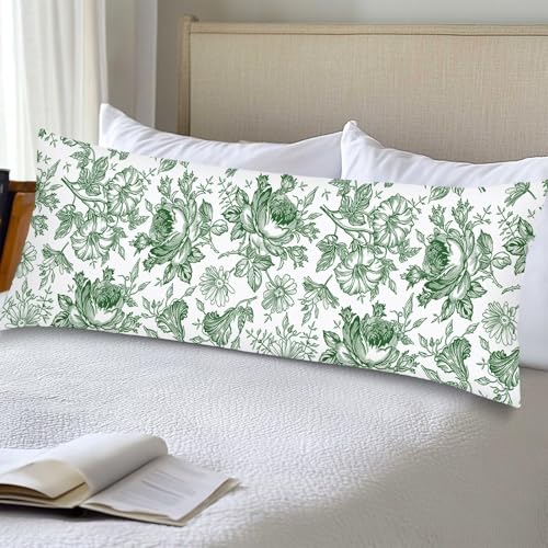 Green & White Porcelain Floral Body Pillow Cover 20x54 with Zipper - HOTLUXPH