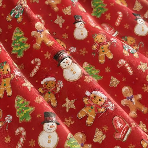 Red Sheer Holiday Curtains 52x63 Inches - Pack of 2 with Gingerbread & Snowman