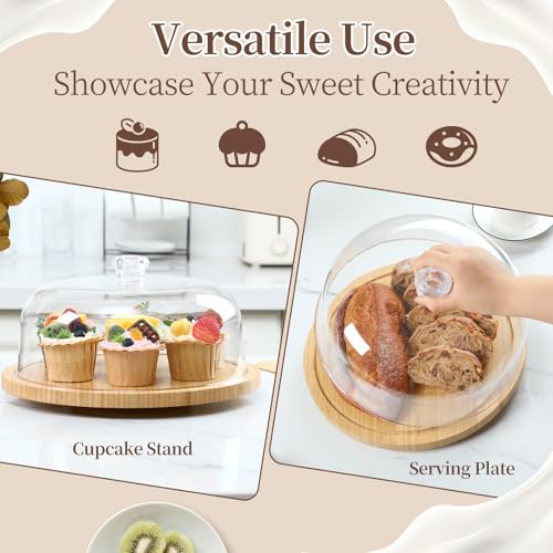 Ohuhu Cake Stand with Lid, Bamboo 2-in-1 Cake Turntable Cake Holder Plate Serving Platter with Acrylic Dome Three Detachable Supports for Birthday Kitchen Party Baking Decorative Mothers Day Gifts