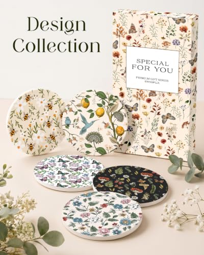 Oqplog Beige Bee Flowers Ceramic Absorbent Coasters - Set of 2