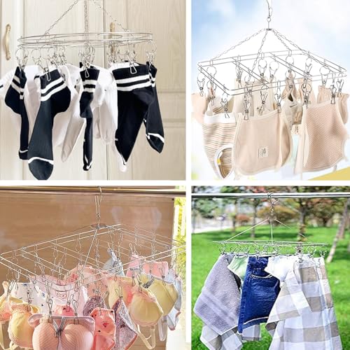 Stainless Steel Sock Drying Rack with 20 Clips, Windproof Laundry Hanger