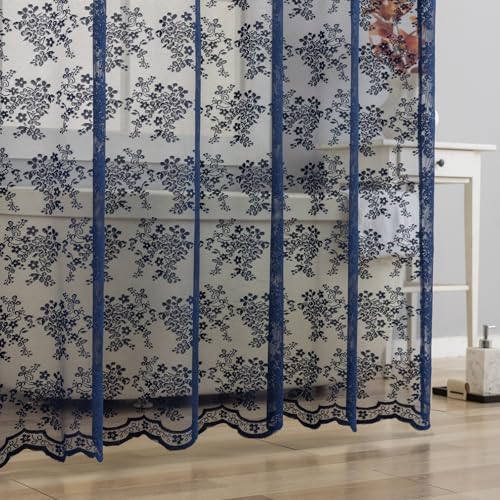 Navy Blue Lace Shower Curtain 36x72 - Scalloped Shabby Chic Stall Curtain