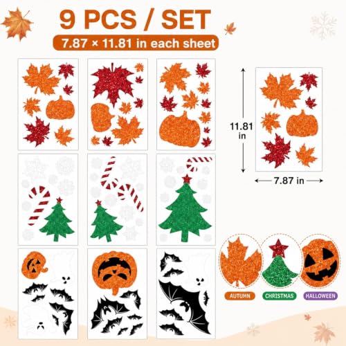 Glitter Fall Halloween Christmas Window Clings - 9 Sheets Decorative Holiday Stickers
