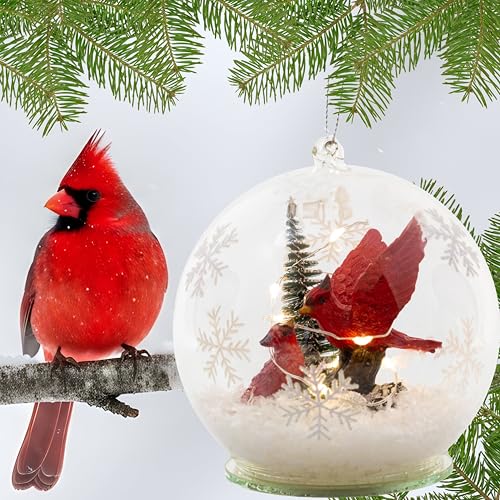 Lighted Cardinal Christmas Ornament - 4 Inch Snow Globe with Red Cardinals