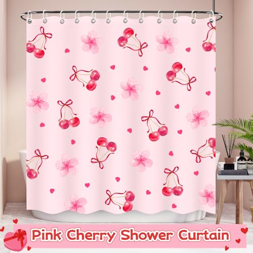 Cherry Shower Curtain for Girls - Floral Heart Design, 71x71 Inches