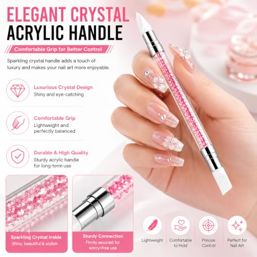 HHOOMY 5 Pcs Dual-Ended Silicone Nail Art Brushes with Crystal Handles