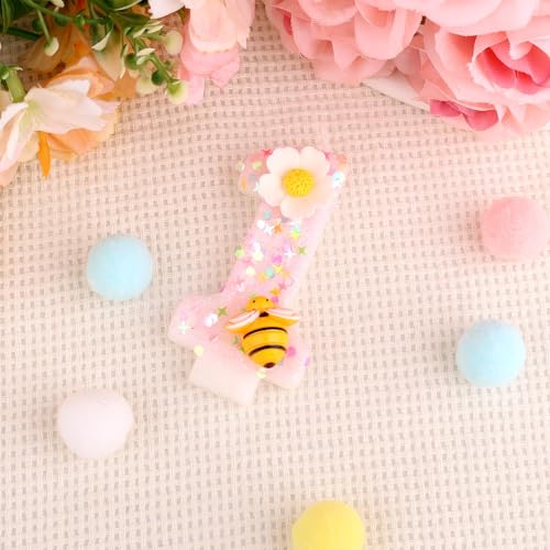 1st Birthday Candle - Shiny Pink Flower Bee Number One Cake Topper (Style 1)
