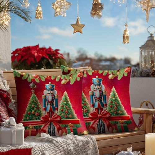 Christmas Nutcracker Soldier Pillow Covers Set of 2 | 18x18 Inch Linen Holiday Cushion for Sofa & Home Decor
