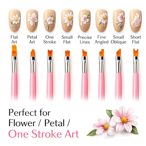 HomTop 8-Piece Nail Art Brush Set - Flat and Angled Painting Brushes for Acrylic and Gel Design