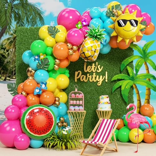 Tropical Hawaiian Balloon Garland Arch Kit - 152pcs Hot Pink Orange Yellow