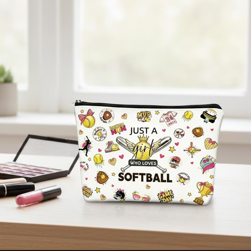 Softball Cosmetic Bag for Women and Girls Sports Makeup Pouch Gift