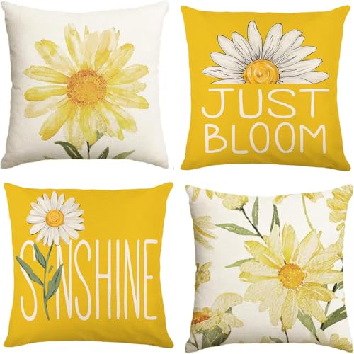 Yellow Sunflower Throw Pillow Covers 18x18 (Set of 4) for Home Decor