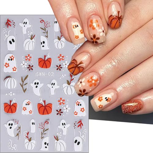 5D Embossed Halloween Nail Stickers, Ghost Spider Web Pumpkin Nail Decals