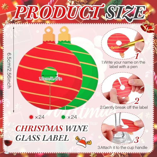 Christmas Ball Wine Glass Charms Set - 48 Paper Drink Markers with Gold & Silver Markers - Holiday Party Favors