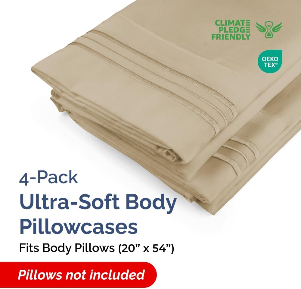 Skiennix Body Pillowcases Set of 4 | Soft, Cozy 20x54 Long Pillow Covers - Breathable & Fade-Free, Machine Washable (Beige)