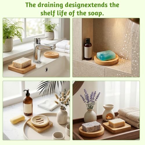 Bamboo Soap Dish Holders Set - Natural Wooden Shower & Bathroom Accessories